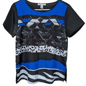 KENNETH COLE Animal Print Black & Blue Career Top S polyester